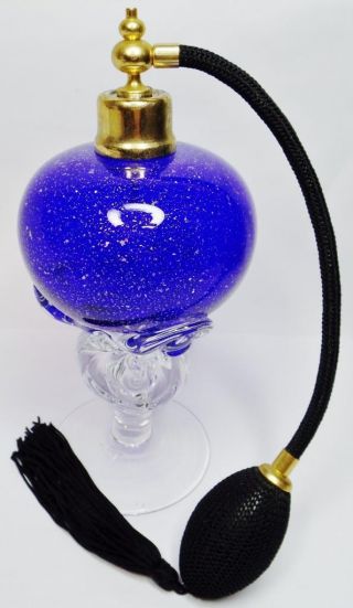 Fabulous Tall Vintage Murano Silver Fleck Blue & Clear Glass Perfume Atomizer