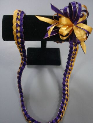 Hawaiian Braid Metallic Edge Ribbon Lei Purple And Gold