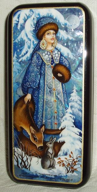 Russian Lacquer Box Mother Of Pearl " Snow Maiden With Fawn " Hand Painted