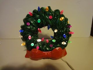 Vintage Green Ceramic Light Up Christmas Wreath Red Base