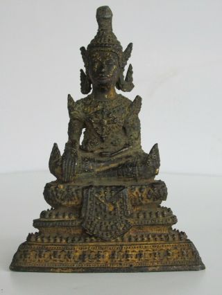 18th / 19th Century A Small Thailand Dynastic Bronze Buddha Gold Gilt Old Patina