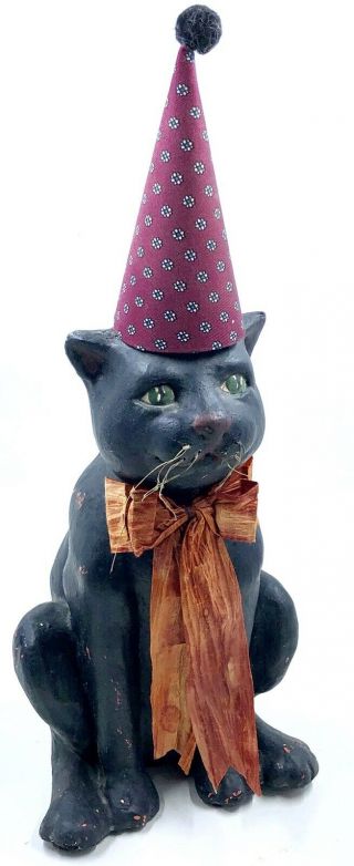 Bethany Lowe Paper Mache Black Cat Figure Halloween Witch Hat Tall 8”