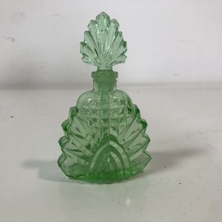 Vintage Made In Occupied Japan Green Glass Perfume Bottle W/ Stopper Art Deco