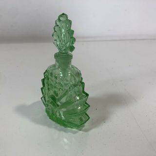 Vintage Made In Occupied Japan Green Glass Perfume Bottle w/ Stopper Art Deco 2