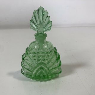 Vintage Made In Occupied Japan Green Glass Perfume Bottle w/ Stopper Art Deco 3
