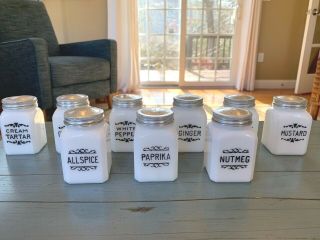 9 Spice Jars Shakers Antique Milk Glass White Art Deco Dove & Quincy Brand