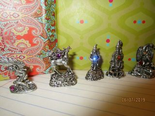 Vintage 5 Miniature Pewter Figures Dragon Wizard Fairy Castle Unicorn All W Gems