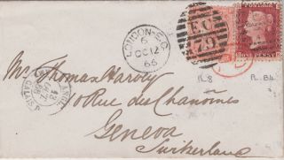1866 Qv London Cover With & 1d Red & 4d Vermilion Stamp Plate 8 Sent To Geneva