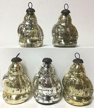 Vintage Mercury Glass Santa Claus Christmas Tree Ornaments Set Of 5 Large Size