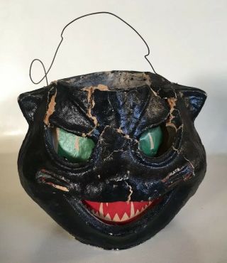 Vtg Halloween Paper Mache Pulp 5 1/2 " Spooky Black Cat Jack O Lantern 1940 