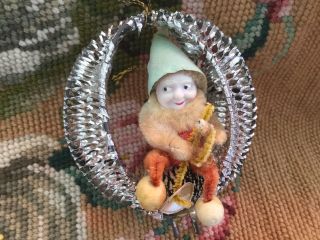 Antique Vintage Christmas Tree Ornament Metal Tinsel Wreath W Elf Playing Horn