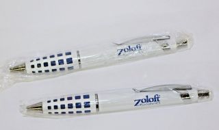 2 Zoloft Pharmaceutical Pens Heavy Metal White W/ Blue Comfort Grips