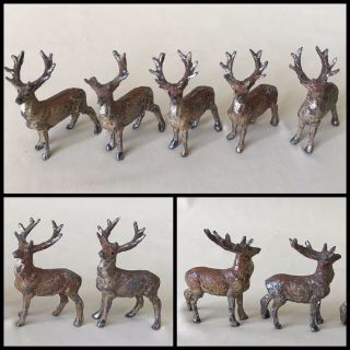 Four Tiny Antique Lead Reindeer From Christmas Putz,  Germany,