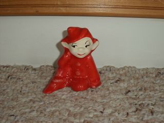 Vintage Ceramic Sitting Christmas Elf Gnome Pixie Red Suit Estate Find