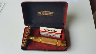 Rare Vintage Gillette Aristocrat Gold Safety Razor W/ Leather Burgundy/black Box