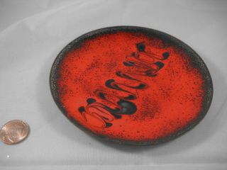 Vtg Mid Century Enamel Dish Plate Bowl Modern Orange Red Fat Lava Retro Signed
