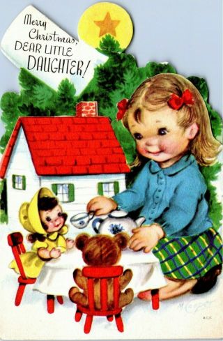 Marjorie Cooper Kid Girl Baby Doll House Tea Party Vtg Christmas Greeting Card