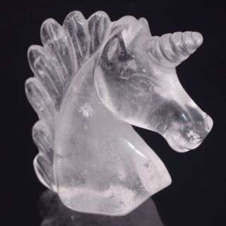 2 " Natural Gemstone Clear Quartz Carved Crystal Unicorn Head Reiki Healing Statue