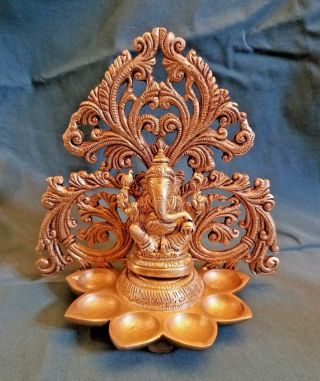 Lamp (deepak) With Hindu God Ganesha Statue In Brass