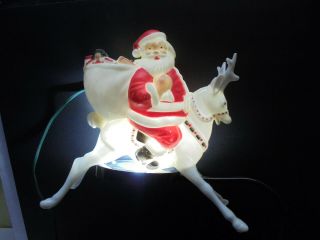 Vintage 1950s Light Up Santa Waving On White Reindeer Tree Christmas Decoration