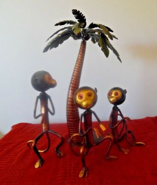Monkey Figurines And 39cms.  Palm Tree.  Metal With Metalic Glaze
