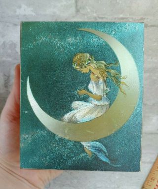 Vtg Holographic Fairy In Crescent Moon Small Wood Tarot Deck Playing Card Box