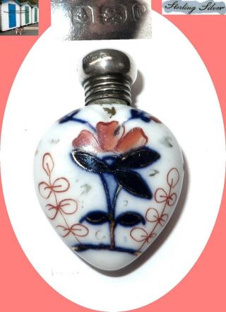 1902 Hmk Sterling Silver Top Porcelain Enamel Heart Small Perfume Bottle