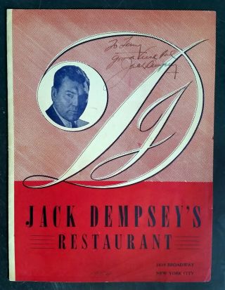1954 Jack Dempsey Autographed And Inscribed Menu From Jack Dempsey 