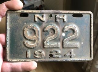Nh Motorcycle Rare License Plate 1924 Hampshire Small 3 Digit Harley Ex