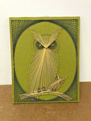 Mid Century Modern String Art Owl Wall Hanging Nail Art Vintage 1960s Green Boho