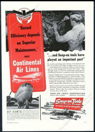 1946 Continental Airlines Plane Mechanic Photo Snap - On Tools Vintage Print Ad