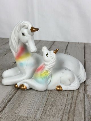 Vintage Rainbow Unicorn Mother And Baby Ceramic Figurine Lgbt