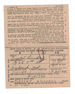 3 Mileage Ration Identification Folder Issued To Crystal Laundry Frederick,  Md.