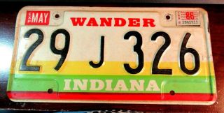 Indiana 1986 License Plate 1986 29j 326 " Wander Indiana " 64