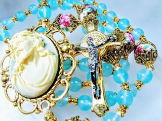 Vintage Vatican Style Jesus Cameo Blue Aquamarine Topaz Bead St Benedict Rosary