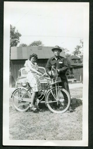 Vintage 1948 Photo Girl W/ Bicycle & Boston Terrier Dog Daddy & Dodge Car 979004