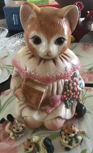 Vintage Pink Cat Cookie Jar Glass Eyes Plus 3 Matching Cat Figurines Japan