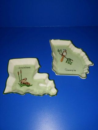 Vintage Set 2 Annie Laura Louisana - Georgia - State Shaped Ceramic Trinket Dishes