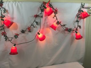 Vtg Christmas Red Plastic Bell Garland Light Up (7) Bells Mid Century
