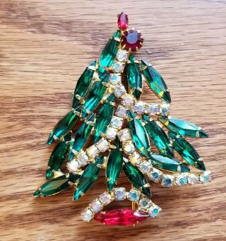 Christmas Tree Pin.  1950s Costume Jewelry.  Red,  Green,  Crystal Pin.