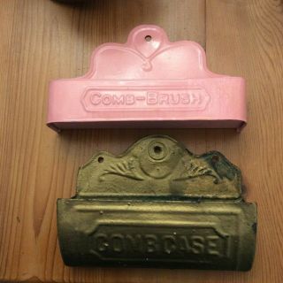 Antique Wall Tin Comb / Brush Holders,  Pink & Gold