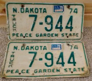 1974 North Dakota Truck License Plate Plates Matching Pair " 7 - 944 " Nd 74