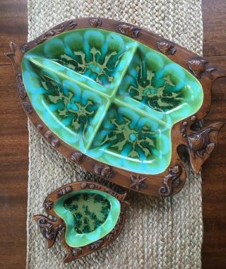 Vintage Treasure Craft Ceramic Fish Serving Dish Set Green Turquoise No 391 Usa