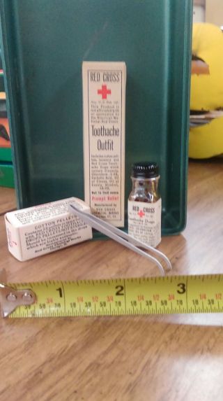 Rare Vintage Red Cross Toothache Outfit Kit Box,  Cotton Pellets,  Tweezers,  Drops