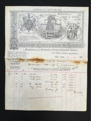 1911 Billhead William Coulson & Sons York Ny Linens Illus Damask Loom