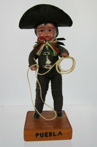 Vintage Puebla Mexico Souvenir Doll Figure Boy With Sombrero & Lasso 4 " Adorable
