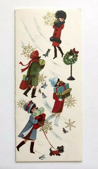 Vintage Christmas Card Pretty Girl Dress Coat Pup Dog Bird Shopping Present Snow