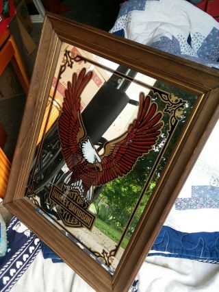 Harley Davidson Wall Mirror 24 X 16 Wood Frame Eagle Logo