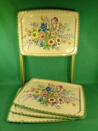 Set Of 4 Vintage Floral Tv Trays White Metal W/ Stands