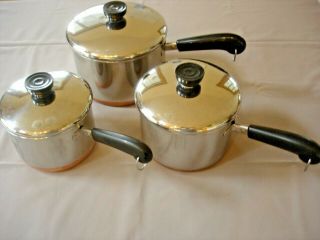 Set 3 Vintage Revere Ware Sauce Pans 1.  5 Qt 2 Qt 3 Qt Copper Bottom Usa Made Vgc